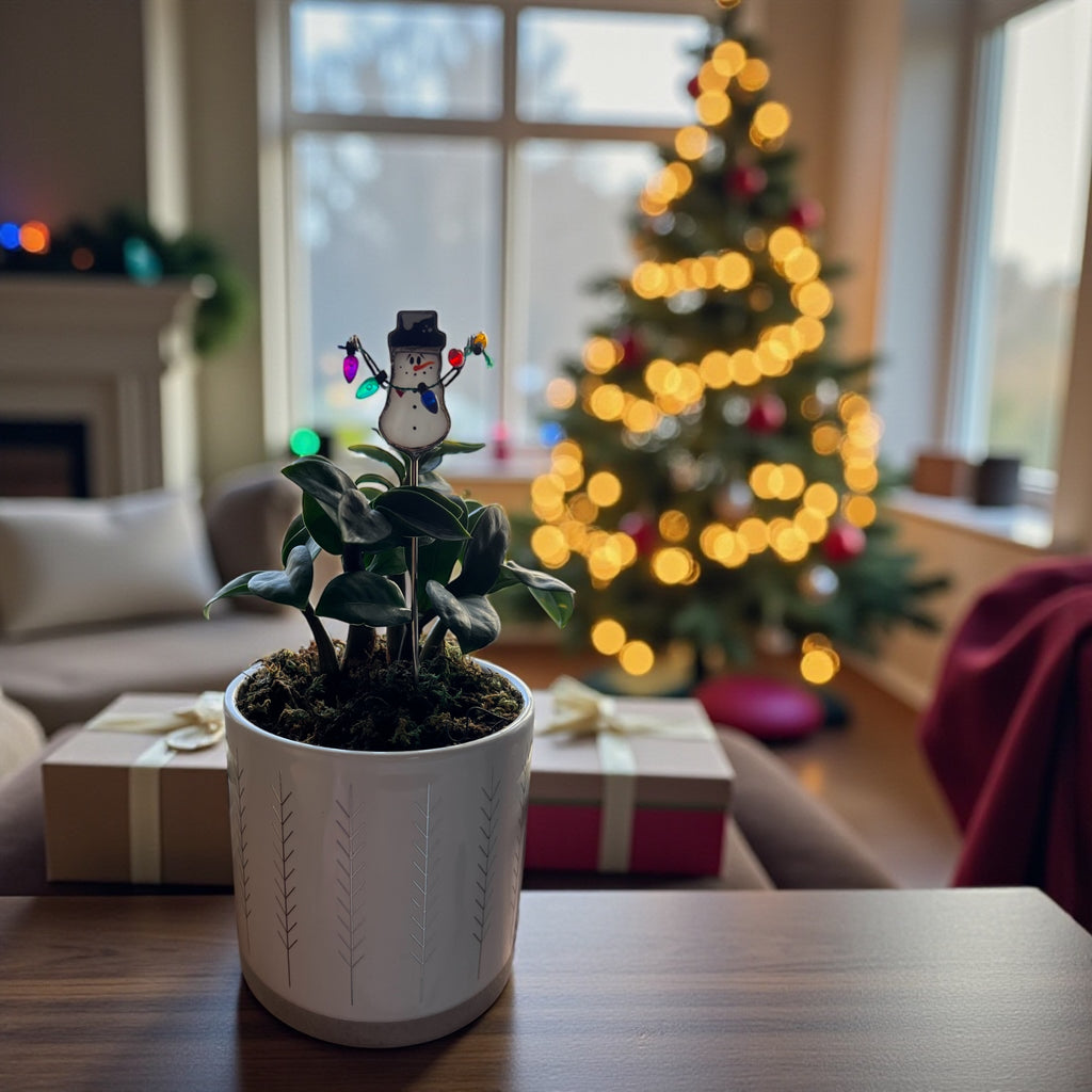 Holiday Mini Plant Stake- Christmas Snowman (Black Hat)