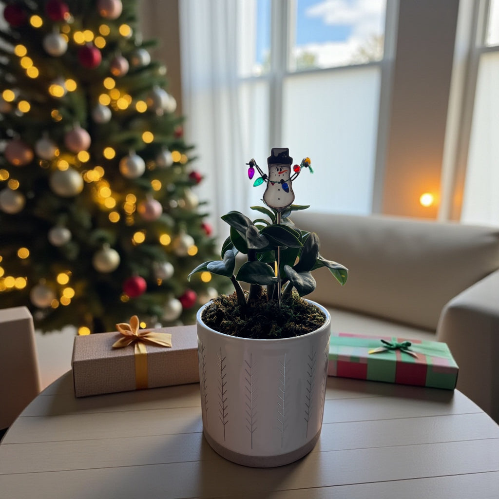 Holiday Mini Plant Stake- Christmas Snowman (Black Hat)