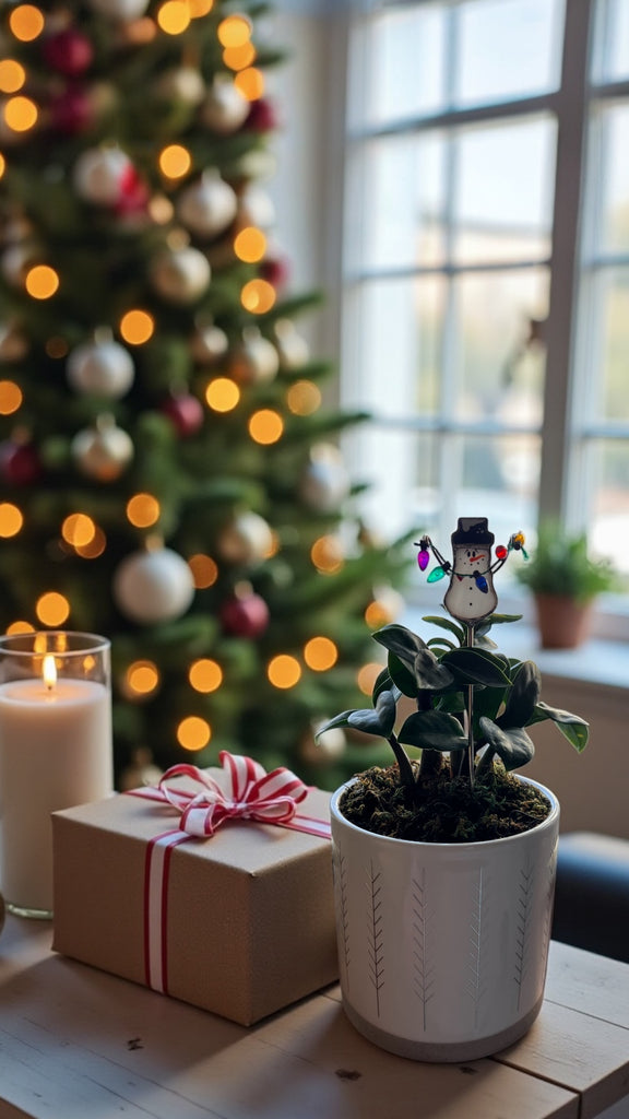 Holiday Mini Plant Stake- Christmas Snowman (Black Hat)