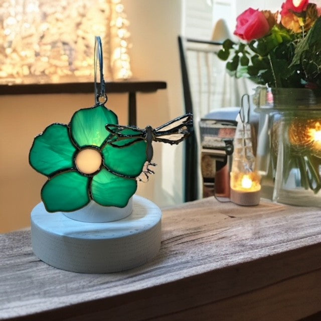 Glass Cover- Flower with Dragonfly, Teal