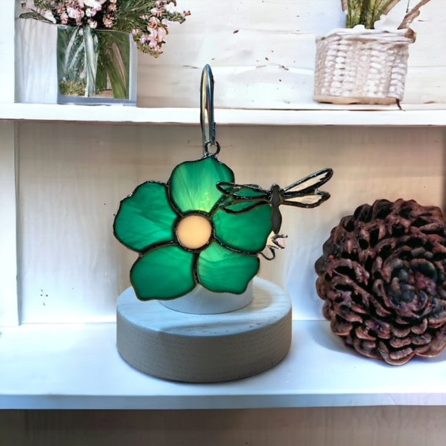 Glass Cover- Flower with Dragonfly, Teal