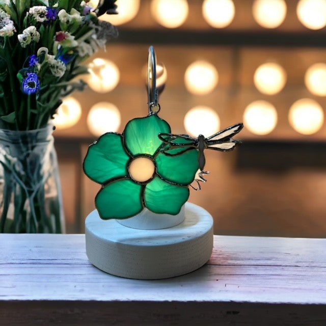 Glass Cover- Flower with Dragonfly, Teal
