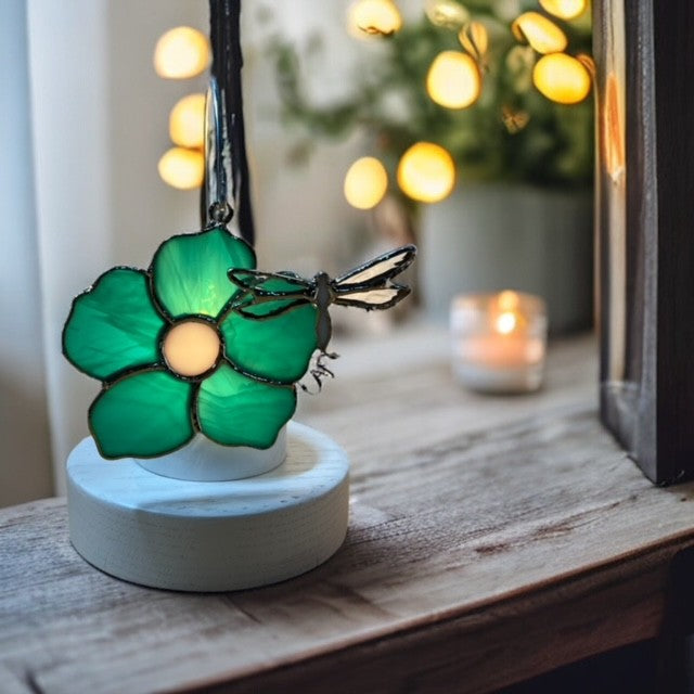 Glass Cover- Flower with Dragonfly, Teal
