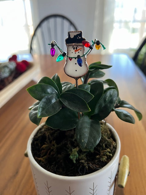 Holiday Mini Plant Stake- Christmas Snowman (Black Hat)