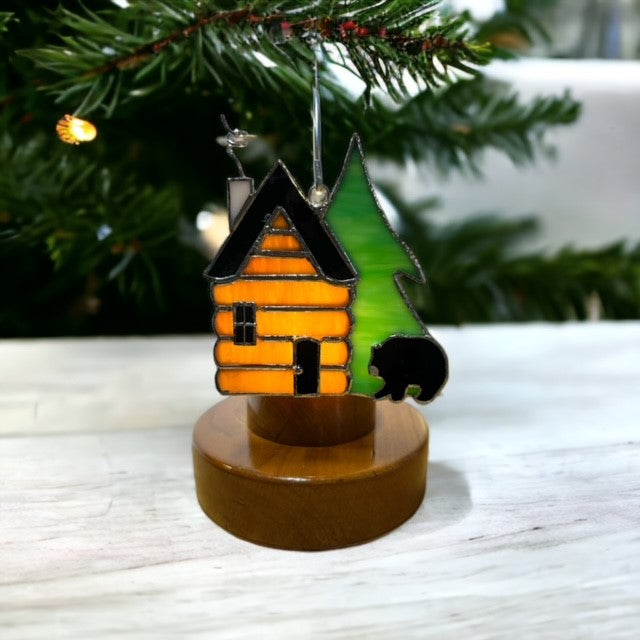 Glass Cover- Log Cabin with Black Bear