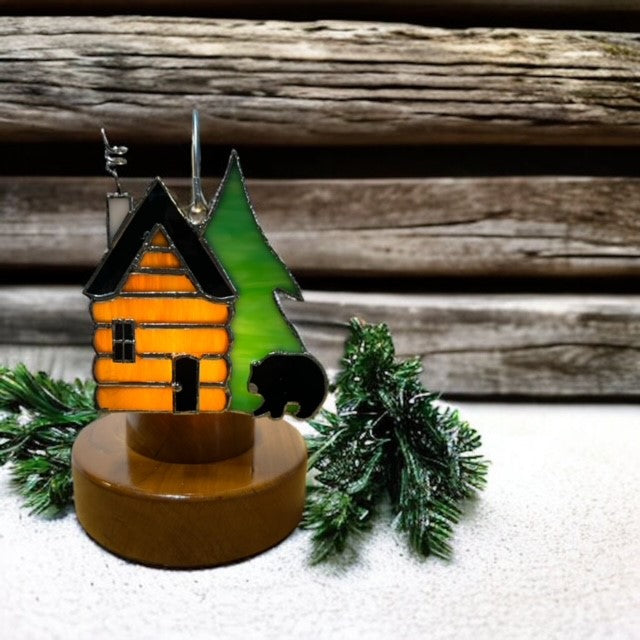 Glass Cover- Log Cabin with Black Bear