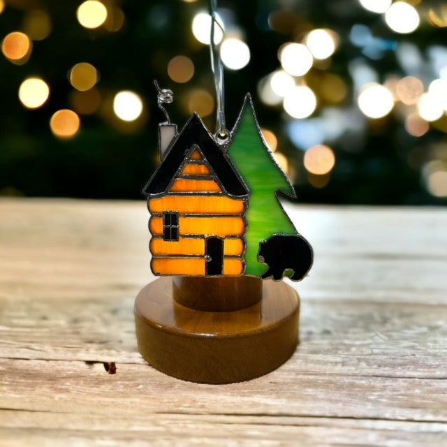 Glass Cover- Log Cabin with Black Bear