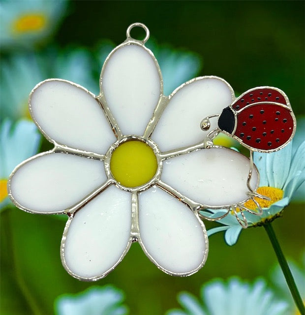 Glass Cover- Daisy Flower with Ladybug