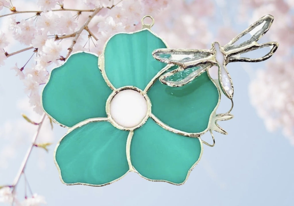 Glass Cover- Flower with Dragonfly, Teal