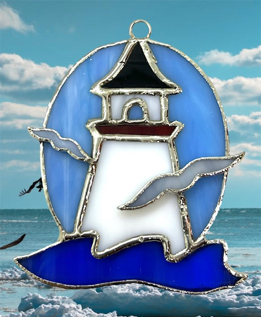 Glass Cover- Lighthouse with Seagulls
