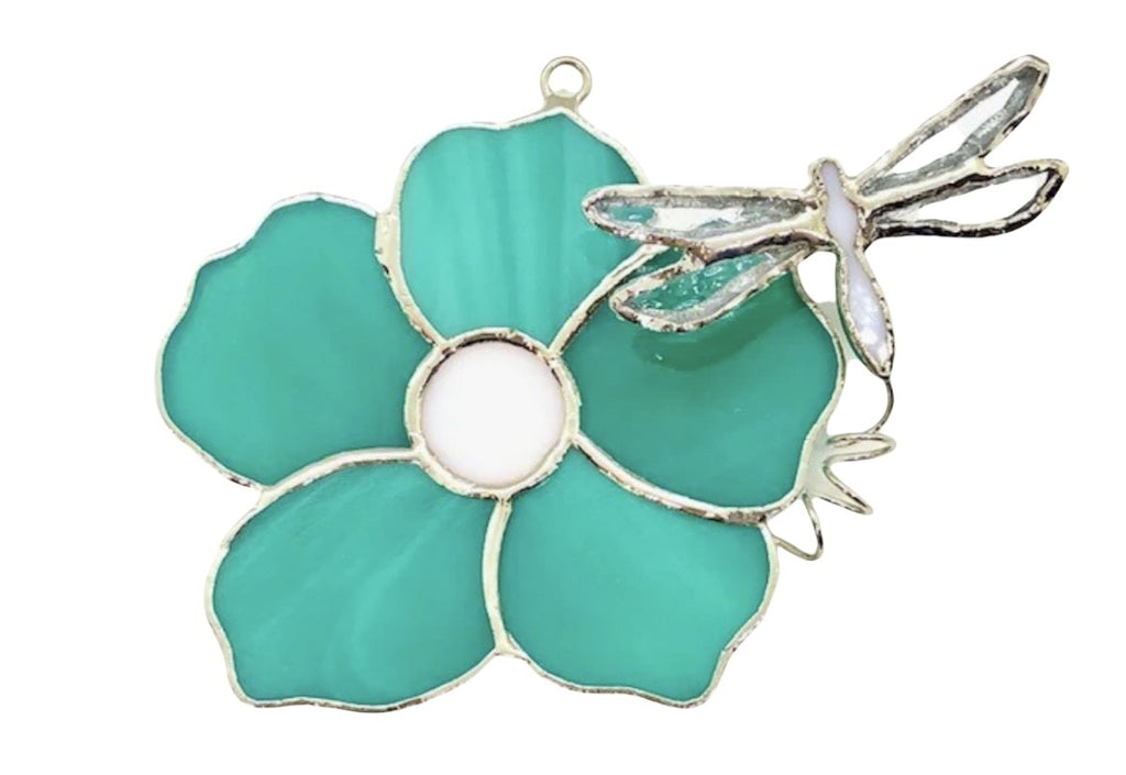 Glass Cover- Flower with Dragonfly, Teal
